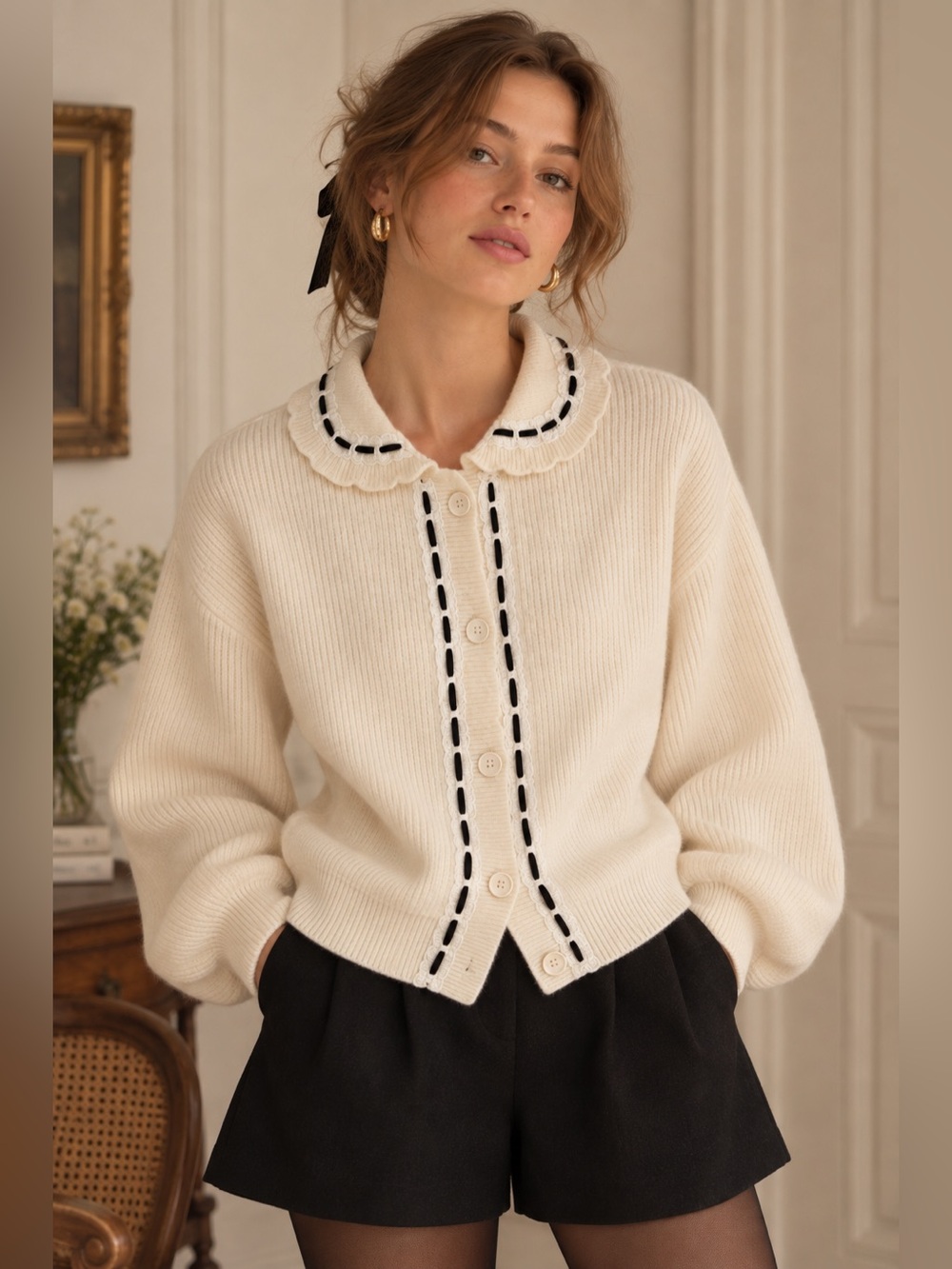 Sunday Edition Cream Cardigan S Peter Pan Collar Contrast Trim Coquette Preppy